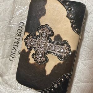 Brand New Cowhide Print Western Wallet w/ Rhinestone Cross